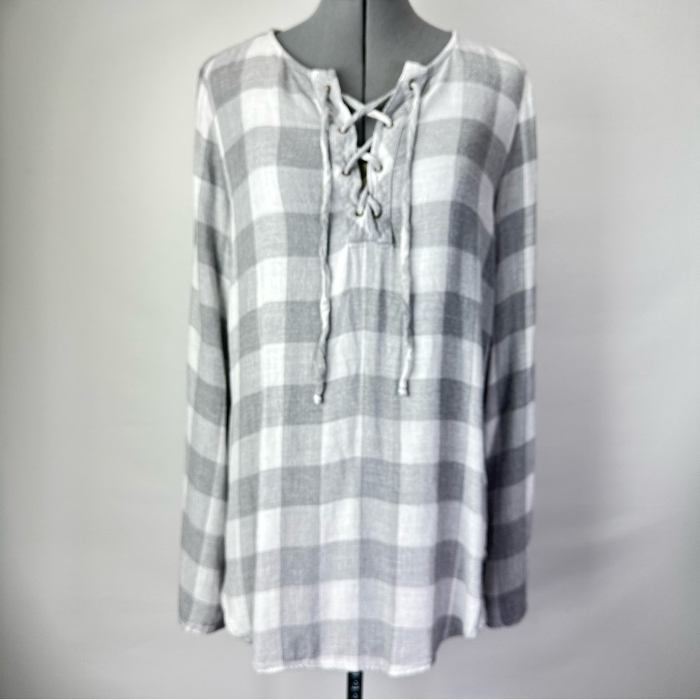 Bella Dahl Women’s Flannel Lace Up Neck Long Sleeve Tunic Heather Gray Tartan M